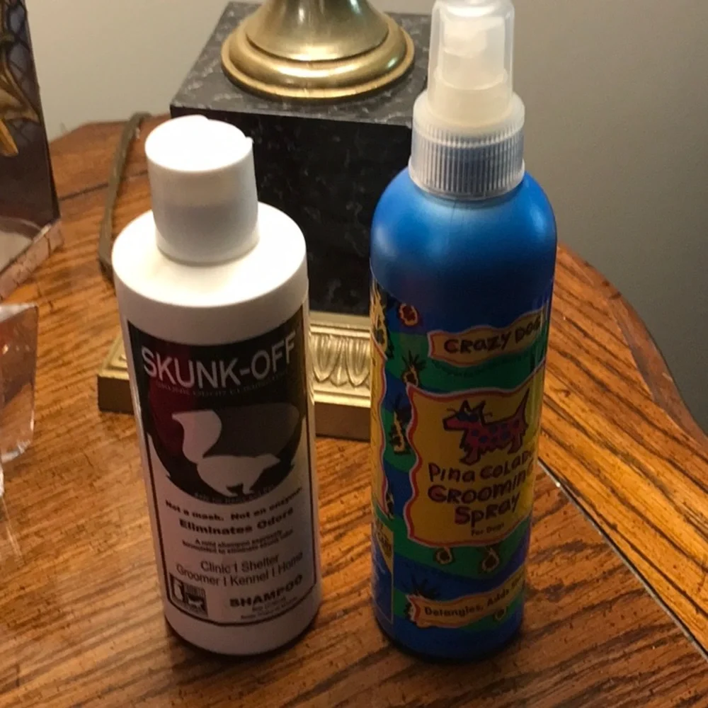 Skunk off for your unlucky dog, and some pina colada grooming spray to help!😟